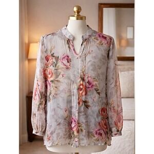 Susan Graver Floral Pintuck Popover Top 2X Grey Pink Sheer Relaxed Fit V-Neck